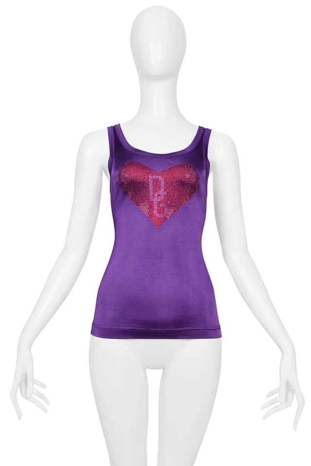 Dolce & Gabbana Purple Tank Top W Red Rhinestone Heart 2003 in Red from Resurrection Vintage