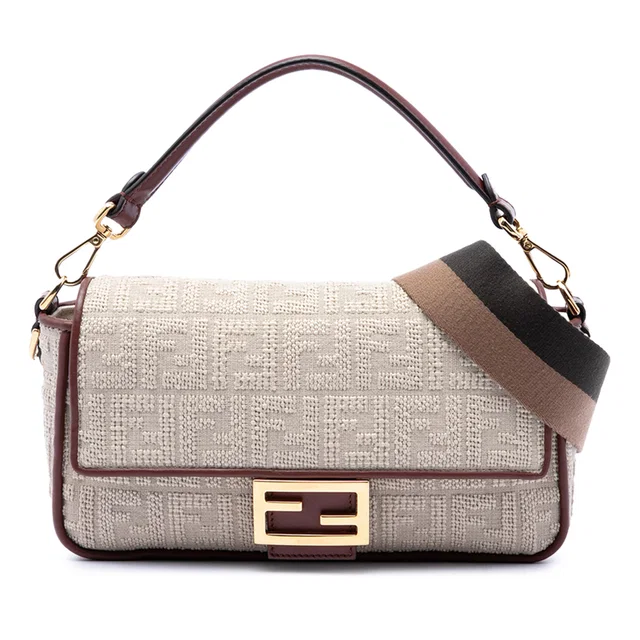 Beige Fendi Zucca Embroidered Canvas Baguette Satchel in Beige Canvas from Designer Revival