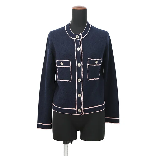 Chanel No5Button Collarless Cardigan Size 36 NavyP70793 K10084 NC238 Cashmere100% from GALLERY RARE