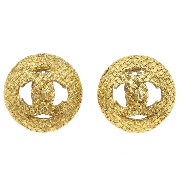 Chanel Button Earrings Gold Clip-On 29/2889 in Gold from AMORE Vintage Tokyo