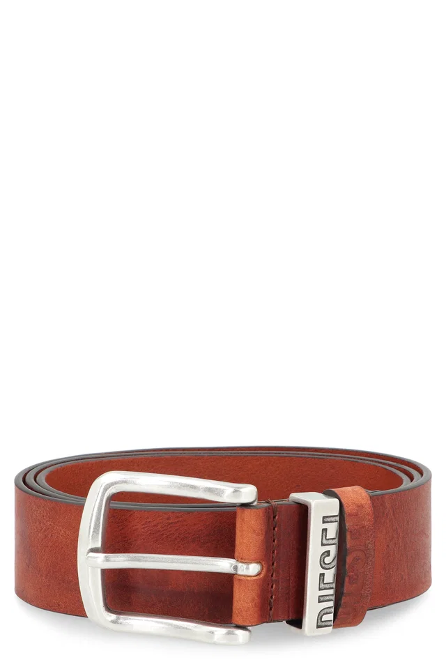 Diesel Leather With Silver-Tone Buckle Belt — Brown Cow Hide in Brown Leather from HEWI