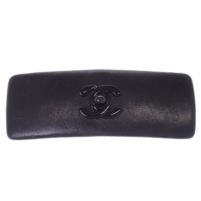 Chanel Hair Clip Barrette Turnlock Black Gold Leather Hair Accessories 61 in Black Leather from AMORE Vintage Tokyo