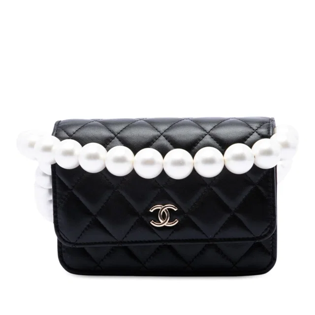 Black Chanel CC Quilted Lambskin Maxi Pearl Chain Strap Crossbody Bag in Black Lambskin from Designer Revival