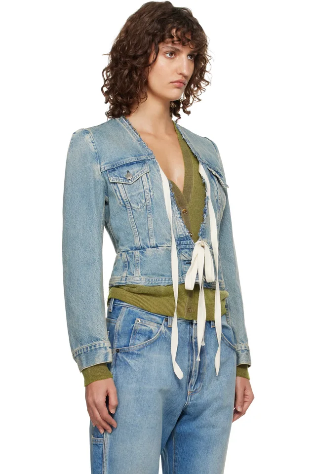 Maison Margiela Blue V-Neck Denim Jacket, photo 2 of 4 from SSENSE
