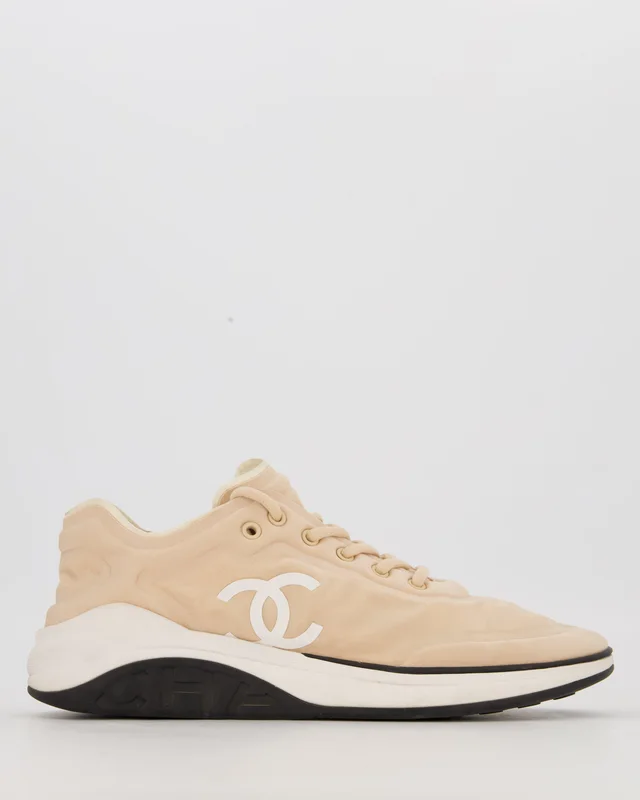 Chanel Beige Neoprene Sneakers with White CC Logo in Fabric Size EU 42 from Sellier