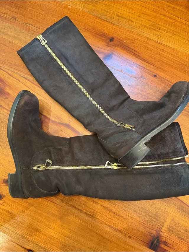 Jimmy Choo Dark Brown Suede Knee-High Boots With Gold Zippers in red|brown Suede from Poshmark