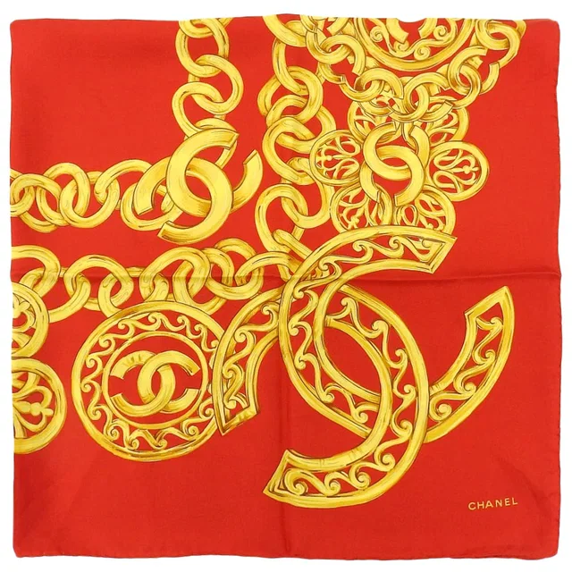 Chanel CC Mark Chain Pattern Scarf Red/Yellow in Red Silk from VINTAGE QOO TOKYO