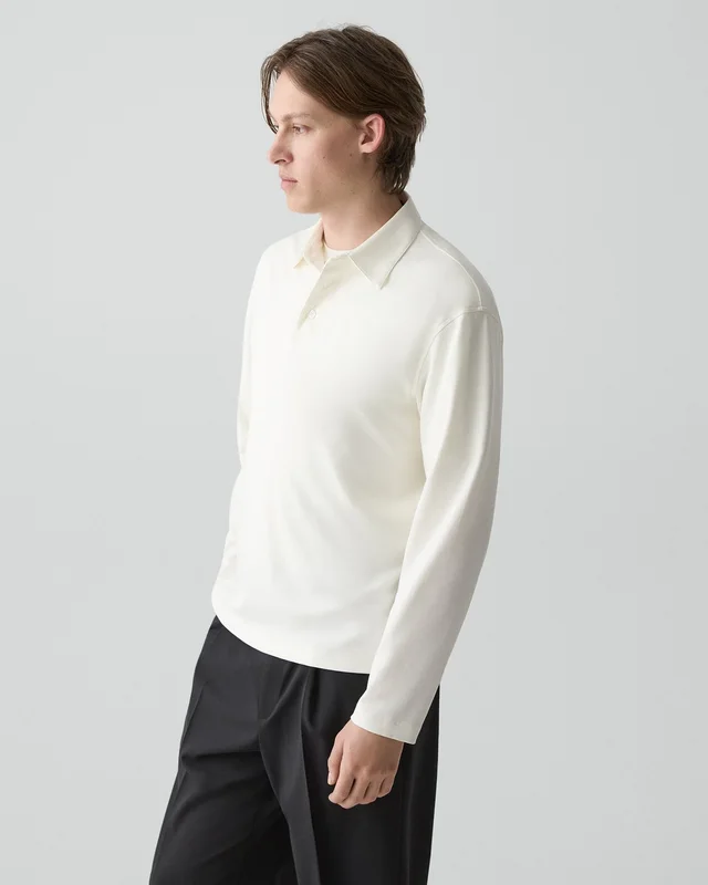 Theory Relaxed Long-Sleeve Polo Shirt in Cotton Jersey in WHITE, photo 9 of 12 from Theory