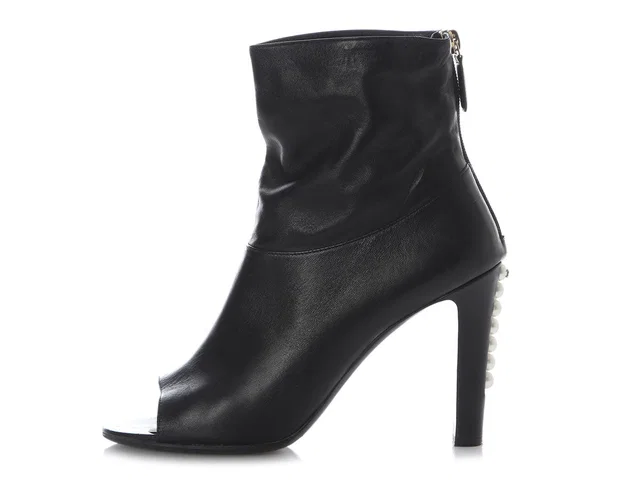 Chanel Black Pearl Heel Open-Toe Booties in Black Leather from Ann's Fabulous Finds