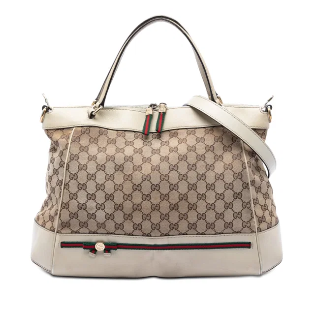 Beige Gucci GG Canvas Web Mayfair Satchel in Beige Canvas from Designer Revival