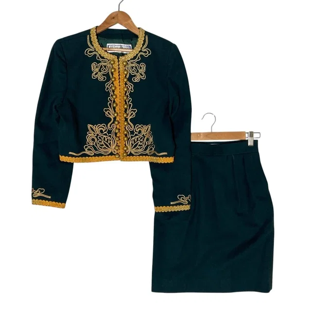 Saint Laurent Vintage Wool Rope Napoleon Collarless Jacket Skirt Set S Green M in Green Wool from The Reluxe
