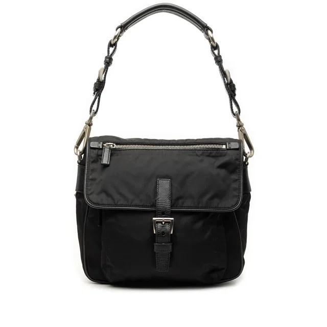Black Prada Saffiano Trimmed Tessuto Shoulder Bag in Black Saffiano leather from Designer Revival