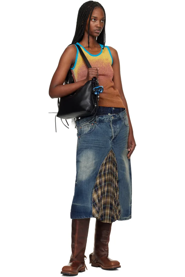 Andersson Bell Blue & Khaki Pleats Combo Flipped Denim Midi Skirt, photo 4 of 4 from SSENSE