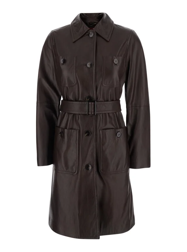 Maxmara studio 'Amaca' Brown Single-breasted Jacket with classic collar and Waist Belt in leather woman in Brown 100% Lamb from Gaudenzi Boutique, photo 1 of 1