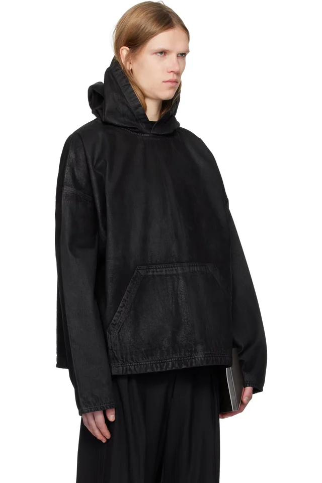 DET BLEV SENT Black Waxed Denim Hoodie, photo 2 of 4 from SSENSE