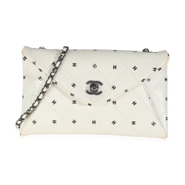 Chanel White Lambskin Cc Logo Envelope Clutch With Chain Black; Leather Handbag in Black Lambskin from HEWI