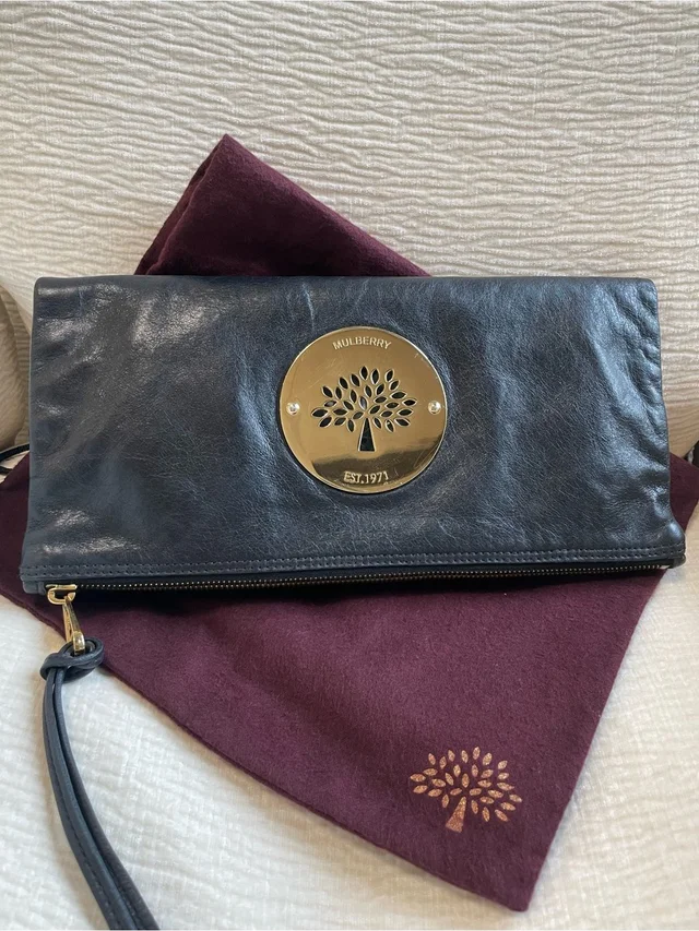 Mulberry Authentic Spongy Black Calfskin Daria Clutch With Gold Tree Medallion in black|gold Calfskin from Poshmark