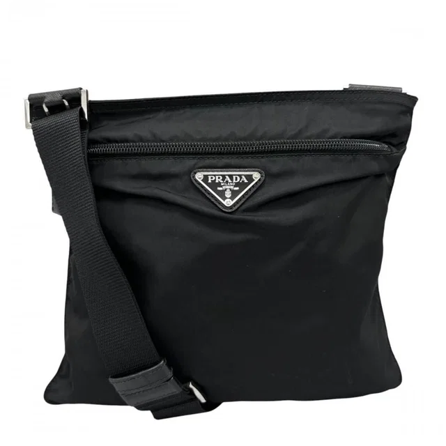 Prada Shoulder Bag Triangle Logo Crossbody Nylon Black Silver in Black Nylon from The Reluxe
