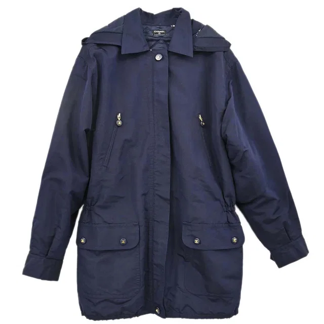 Chanel Hooded Coat Navy in Navy Silk from AMORE Vintage Tokyo