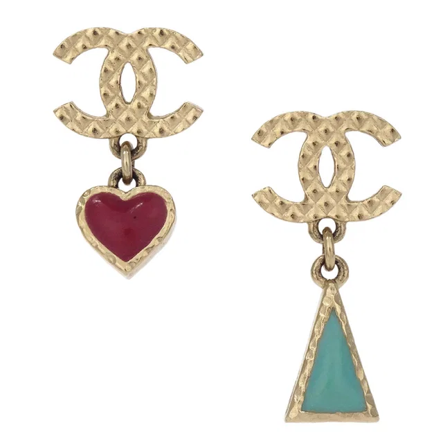 Chanel Dangle Heart Triangle Pierced Earrings CC Gold A18V in Gold from AMORE Vintage Tokyo