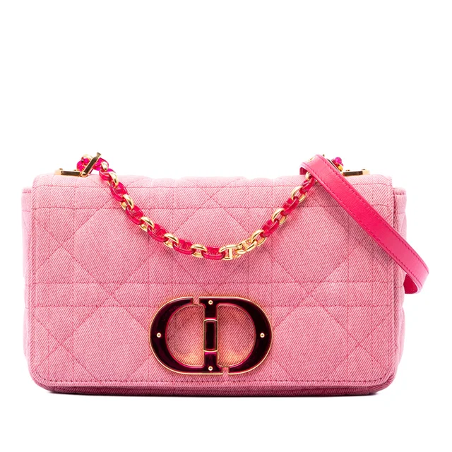 Pink Dior Medium Denim Macrocannage Caro Bag in Pink Denim from Designer Revival