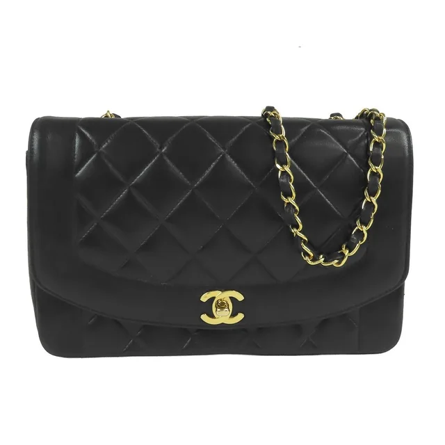 Chanel Chain Shoulder Bag Black Gold Lambskin Quilted Diana 25 Vintage in Black Lambskin from The Reluxe