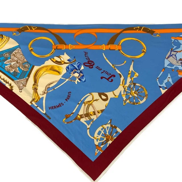 Hermès Scarf Triangle Jean Blue Bordeaux Multi Tout en Barre in Burgundy from The Reluxe
