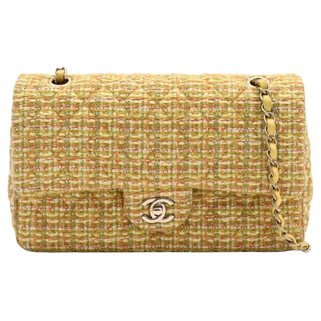 Chanel Circa 2014 Tweed Classic Flap Chain Bag 25cm Light Green/Multi-color in Green Tweed from VINTAGE QOO TOKYO