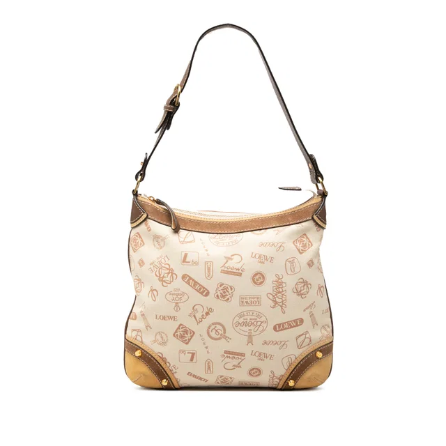 Beige LOEWE 160th Anniversary Suede Trimmed Canvas Shoulder Bag in Beige Suede from Designer Revival