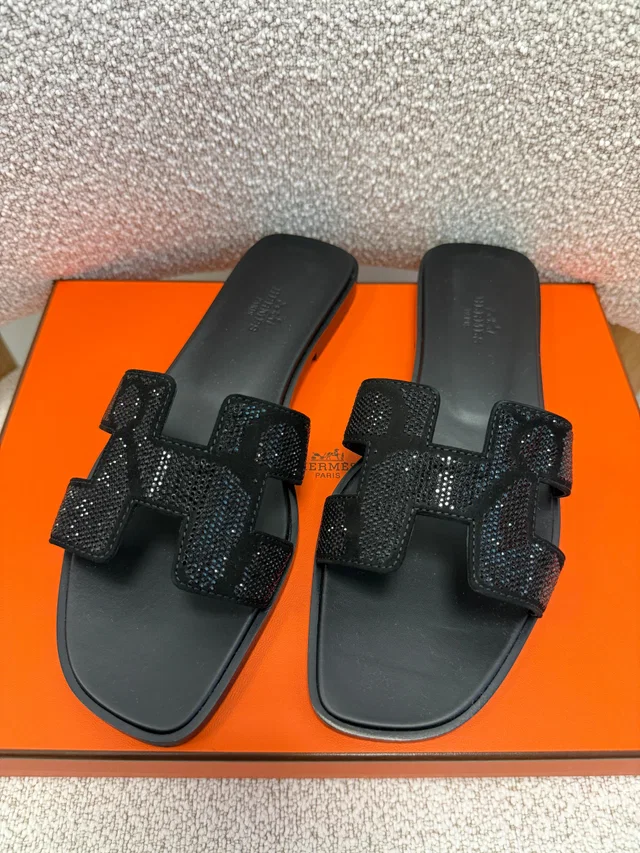 HK LOCATED*HERMÈS ORAN SANDAL Black With Rhinestone Motif- Size 37.5 in Black Goatskin from Luxury Promise