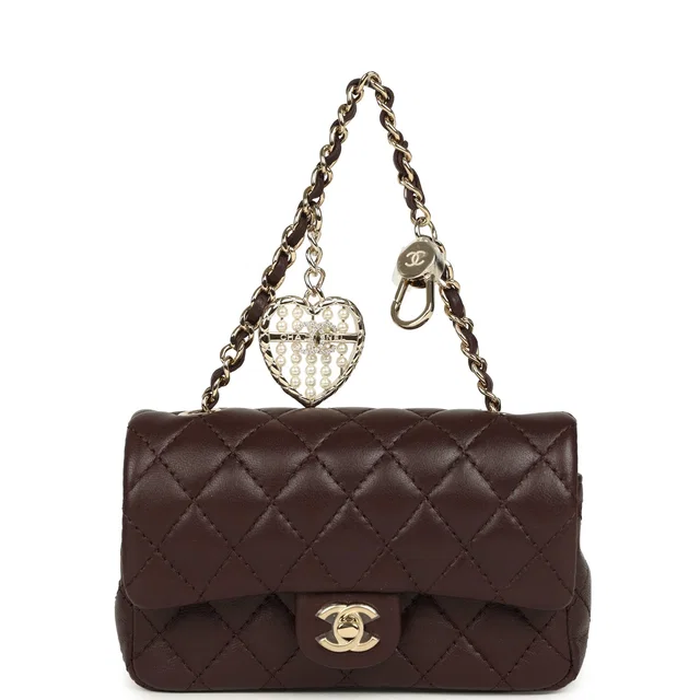 Chanel Nano Classic Double Flap Bag Charm Dark Brown Lambskin Light Gold Hardware in Brown Lambskin from Madison Avenue Couture