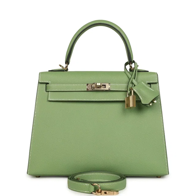 Hermès Special Order (HSS) Kelly Sellier 25 Vert Criquet Epsom Permabrass Hardware in Green Epsom leather from Madison Avenue Couture