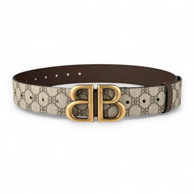 Gucci x Balenciaga Beige & Ebony BB Supreme Monogram Canvas & Leather Belt in Beige Canvas & Leather from Designer Archives