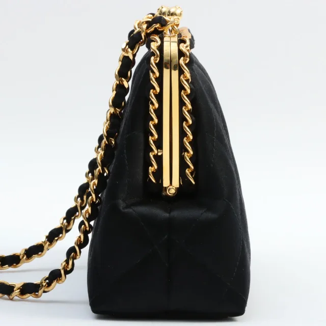 Chanel Circa 1995 Silk Satin CC Mark Kiss-Lock Chain Shoulder Bag, Black in Black Satin from VINTAGE QOO TOKYO, photo 3 of 12
