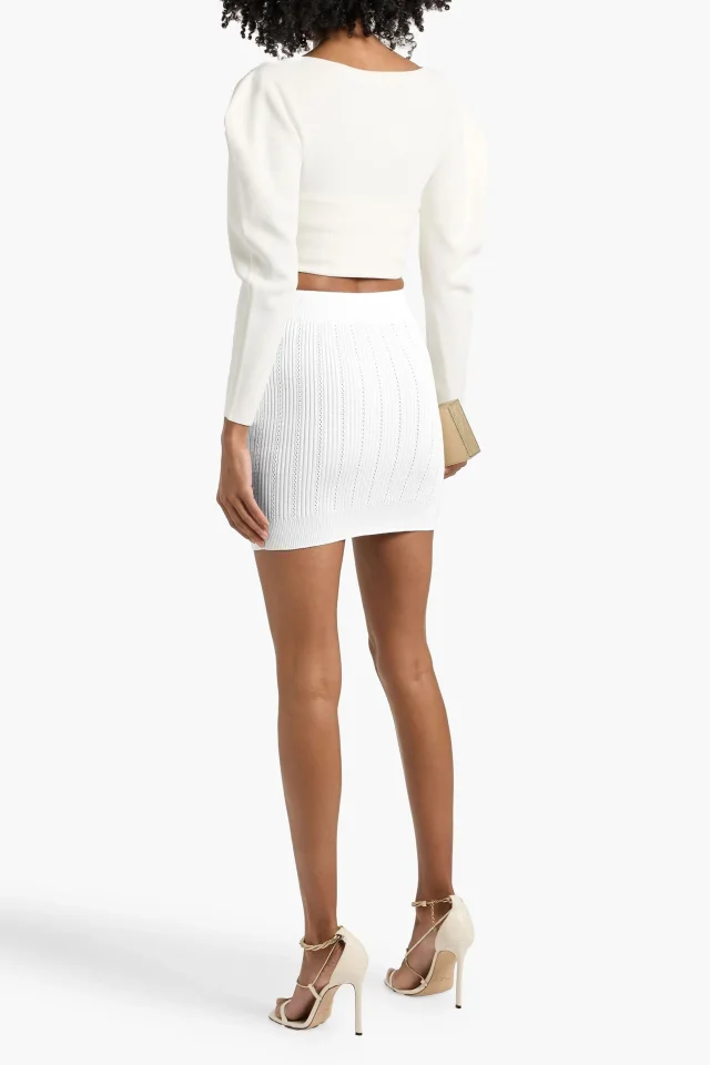 Balmain Embellished Pointelle and Ribbed-Knit Mini Skirt in White, photo 3 of 4 from THE OUTNET