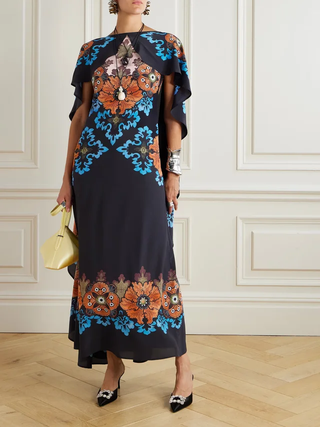 LA DOUBLEJ Magic cape-effect printed silk-crepe maxi dress in Blue, photo 2 of 2 from NET-A-PORTER (Canada)