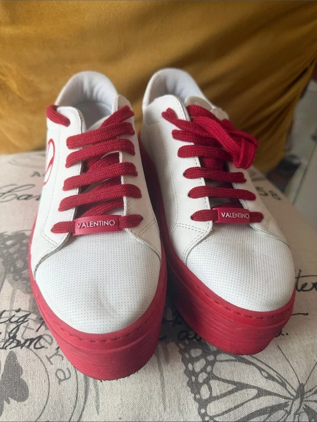Valentino Garavani White Sneakers With Red Platform And Laces in red|white Leather from Poshmark