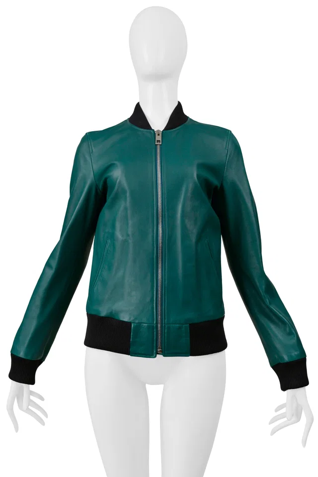Dolce & Gabbana Dolce Green Leather Bomber Jacket With Black Trim in Black Leather from Resurrection Vintage