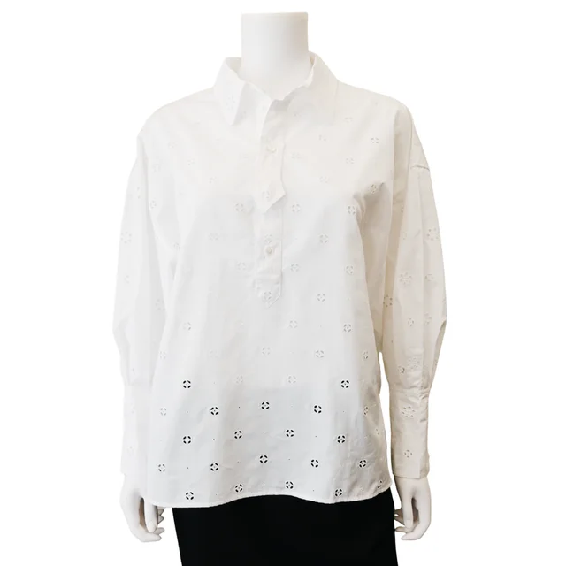 Celine White Eyelet Embroidered Cotton Poplin Shirt in White from Clotheshorse Anonymous