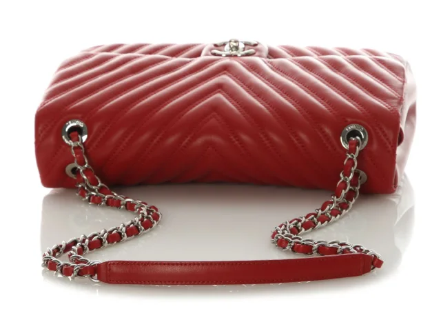 Chanel Jumbo Red Chevron-Quilted Lambskin Classic Single Flap in Red Lambskin from Ann's Fabulous Finds, photo 7 of 9
