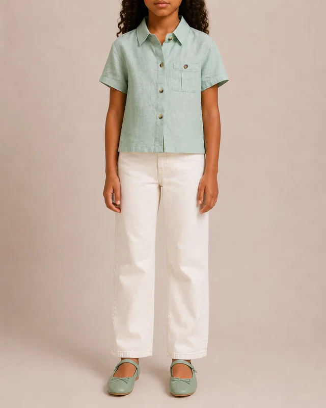 Loro Piana Kids Pastel Green Linen Short-Sleeve Shirt with Back Tie Detail Size 8 years in Green from Sellier