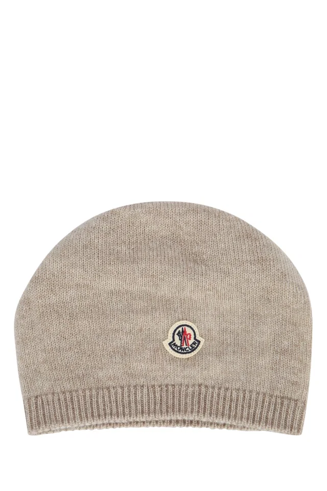 Moncler Hat Ribbed Knit Beanie — Beige Wool Beanies in Beige Wool from HEWI