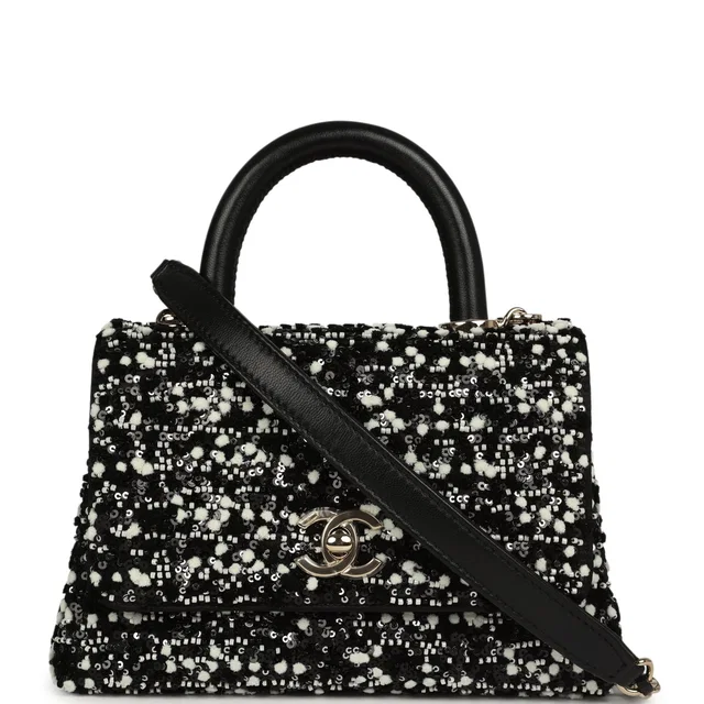 Chanel Mini Coco Handle Flap Bag Black, White Sequin, Beaded Light Gold Hardware in Black Leather from Madison Avenue Couture