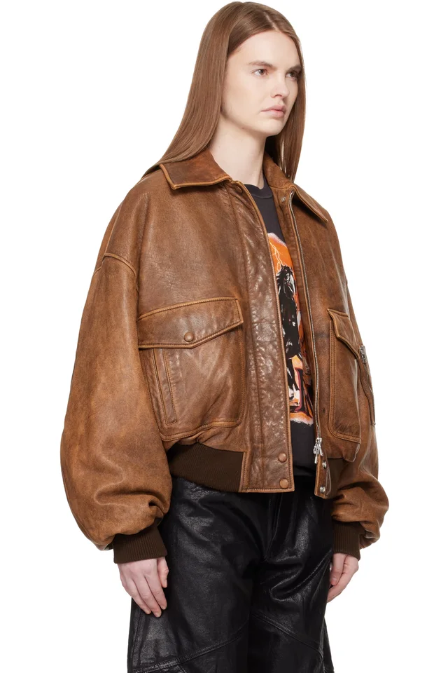 AMIRI Tan Faded Leather Bomber Jacket, photo 2 of 4 from SSENSE