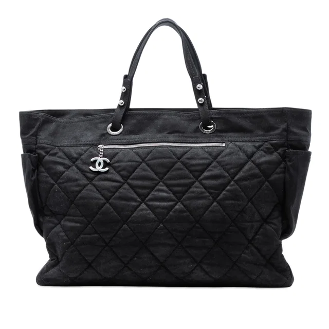 Black Chanel XL Quilted Coated Canvas Paris Biarritz Tote in Black Coated canvas from Designer Revival