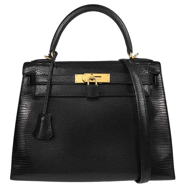 Hermès Black Lizard Kelly 28 Sellier 2way Shoulder Handbag in Black Lizard from AMORE Vintage Tokyo