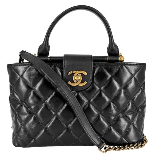 Chanel 2-Way Quilted Turnlock Shoulder Bag Crossbody CC Logo Leather Black in Black Leather from The Reluxe