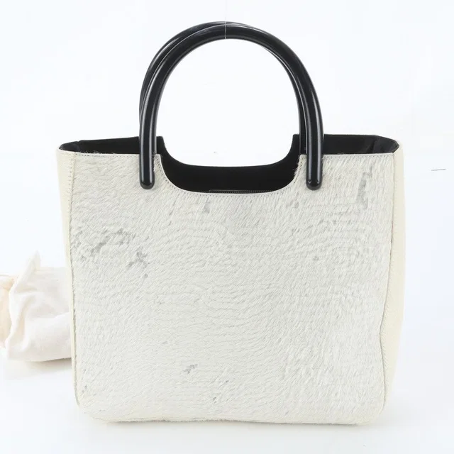 Prada White Tag Triangle Logo Calf Hair Tote Bag Shoulder in White from The Reluxe