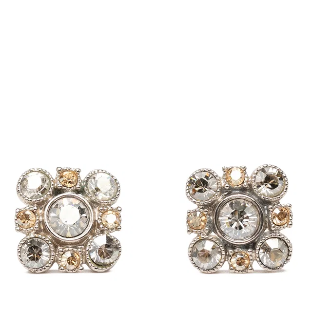 Silver Chanel Brass Floral Strass Push Back Earrings in Silver from Designer Revival