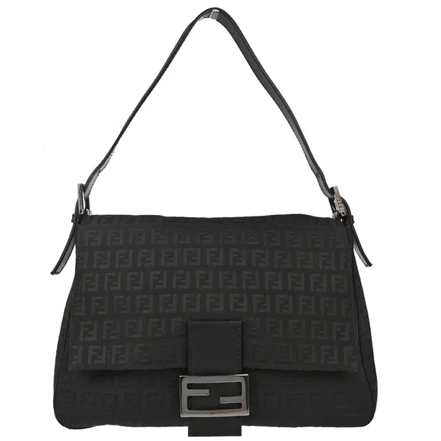 Fendi Black Canvas Zucchino Mamma Baguette Handbag in Black Canvas from AMORE Vintage Tokyo
